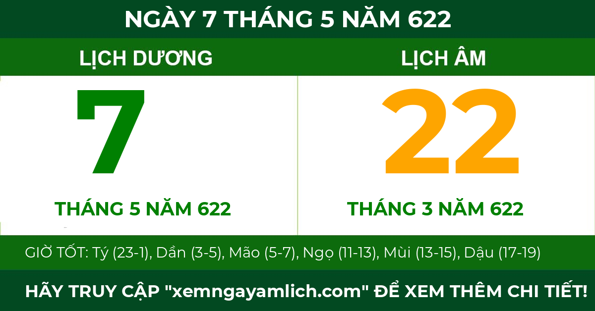 lịch âm ngày 7 tháng 5 năm 622