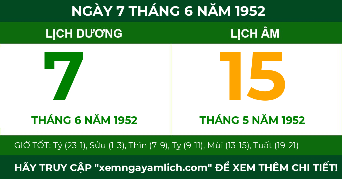lịch âm ngày 7 tháng 6 năm 1952