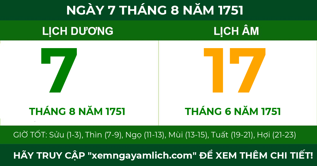 lịch âm ngày 7 tháng 8 năm 1751