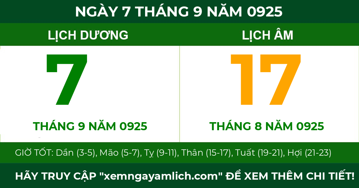 lịch âm ngày 7 tháng 9 năm 0925