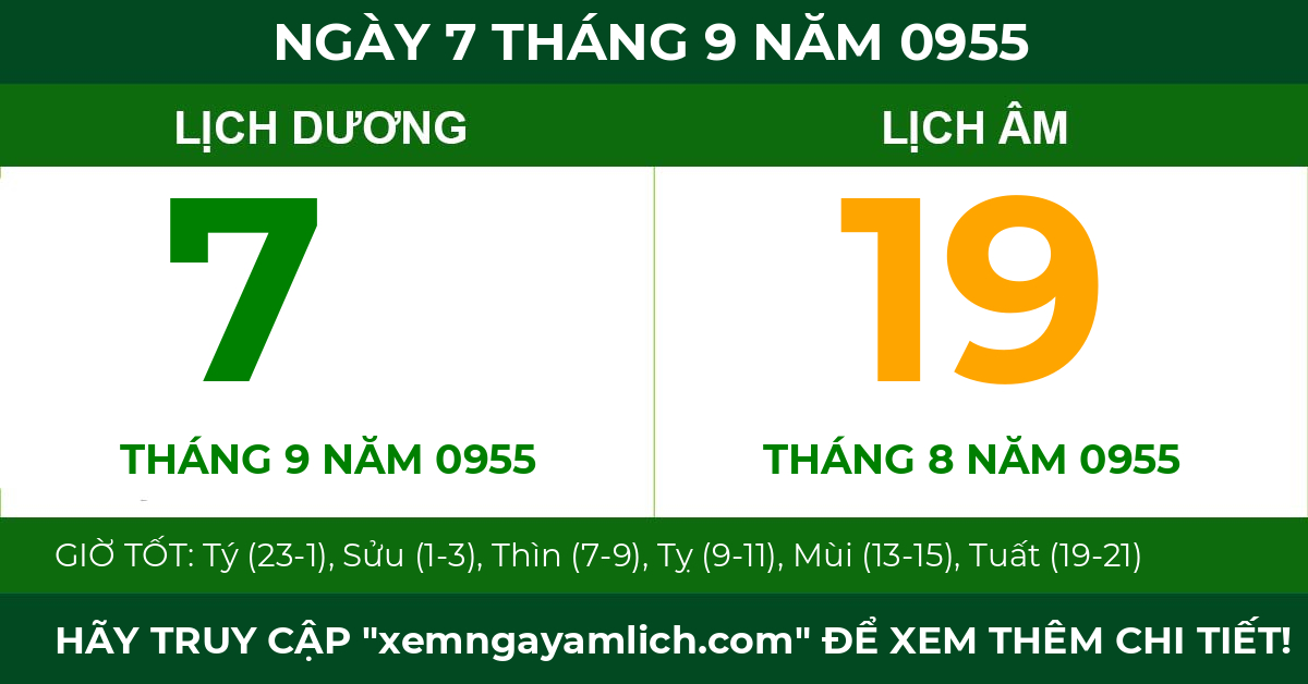 lịch âm ngày 7 tháng 9 năm 0955