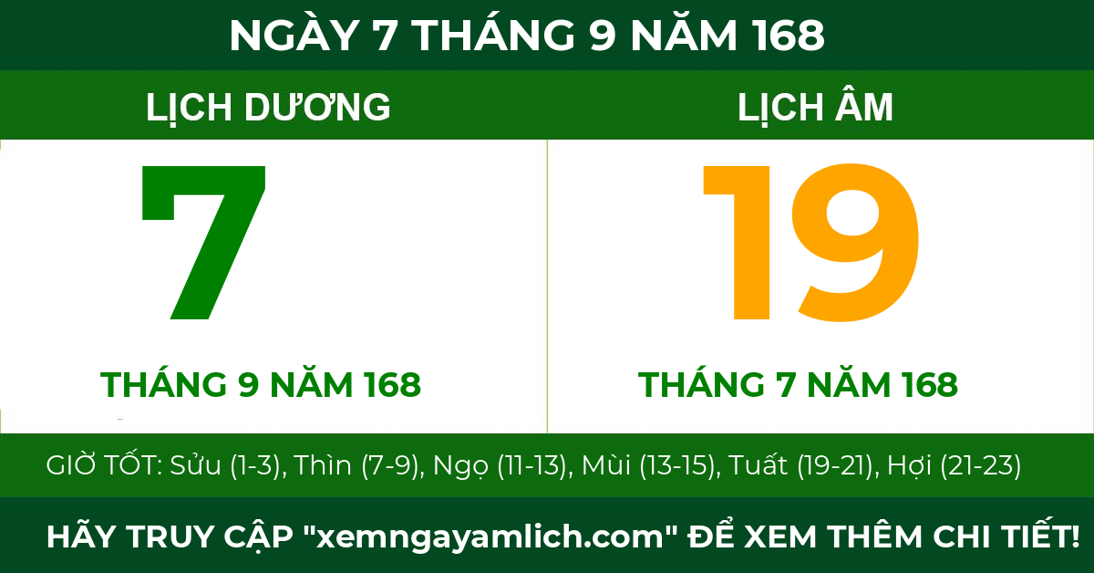 lịch âm ngày 7 tháng 9 năm 168