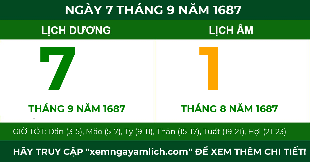 lịch âm ngày 7 tháng 9 năm 1687