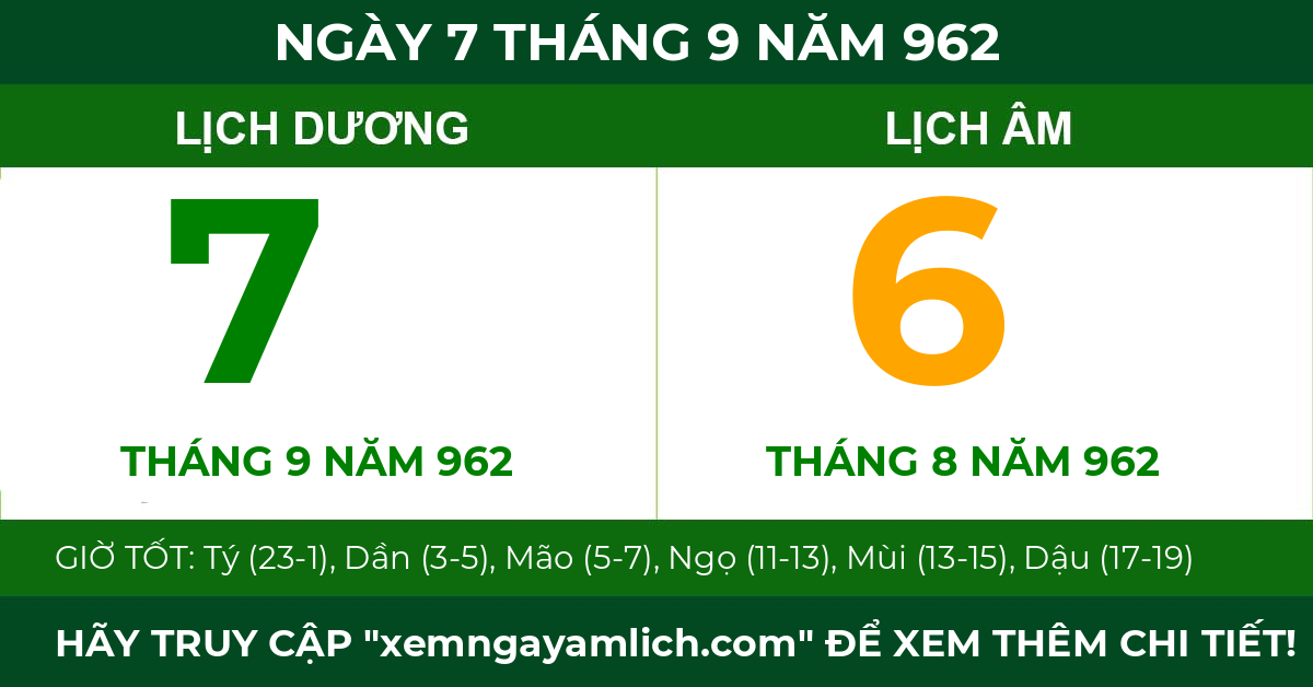 lịch âm ngày 7 tháng 9 năm 962