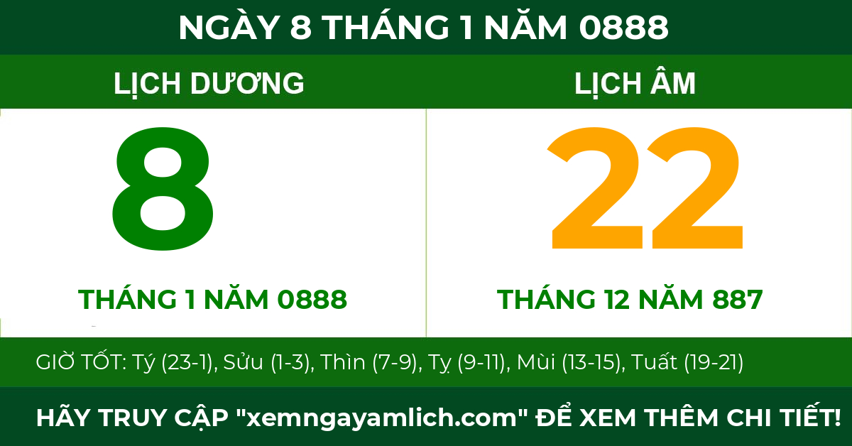 lịch âm ngày 8 tháng 1 năm 0888