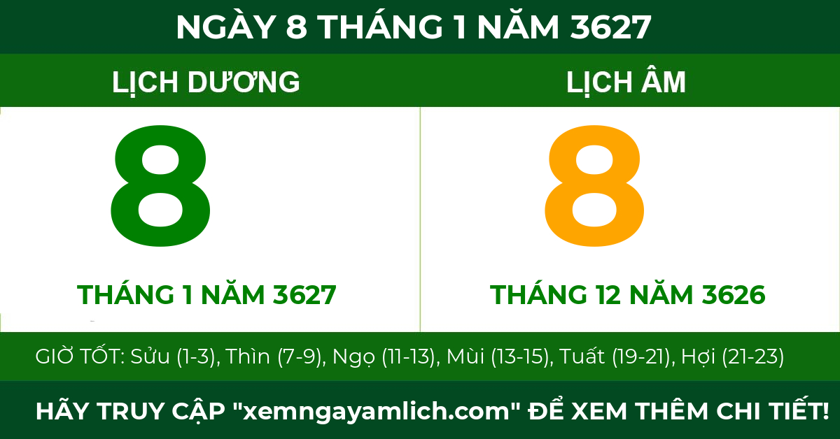 lịch âm ngày 8 tháng 1 năm 3627