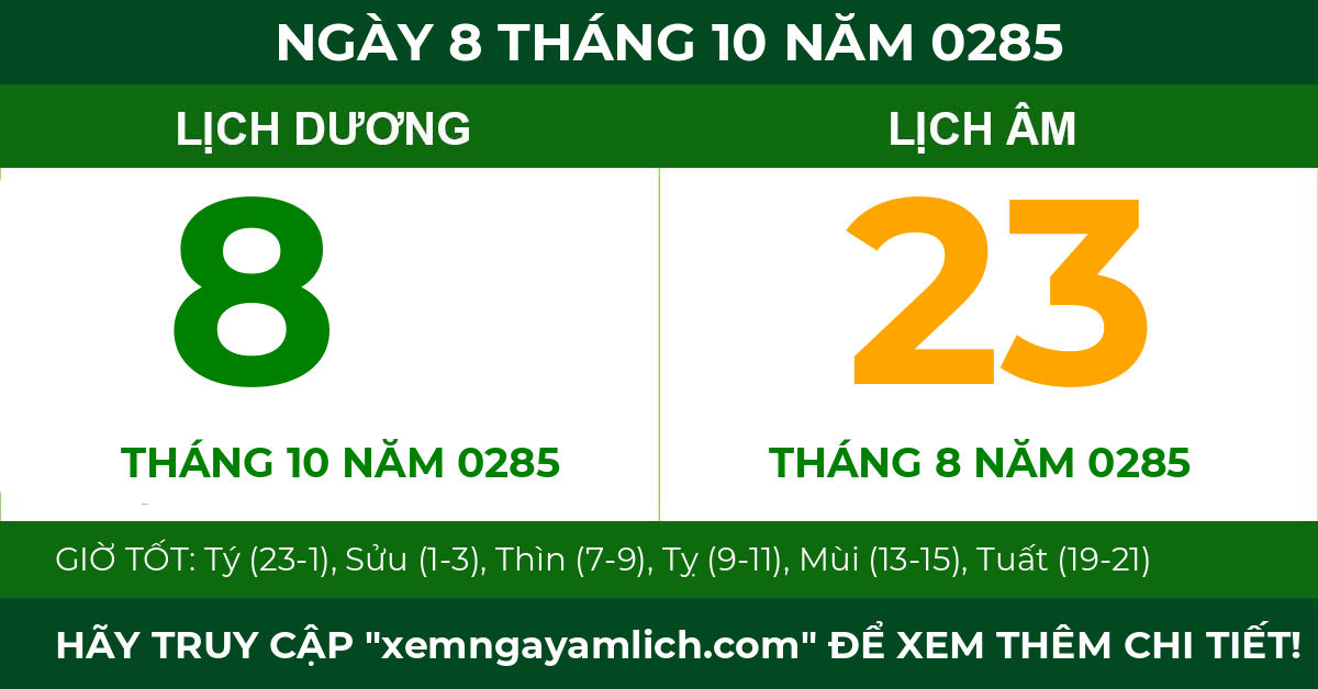 lịch âm ngày 8 tháng 10 năm 0285