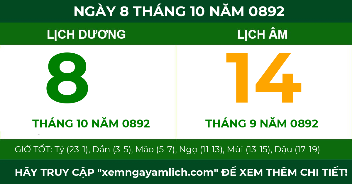 lịch âm ngày 8 tháng 10 năm 0892