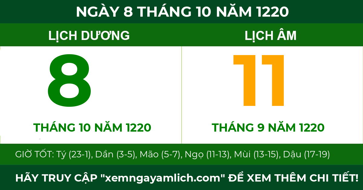 lịch âm ngày 8 tháng 10 năm 1220