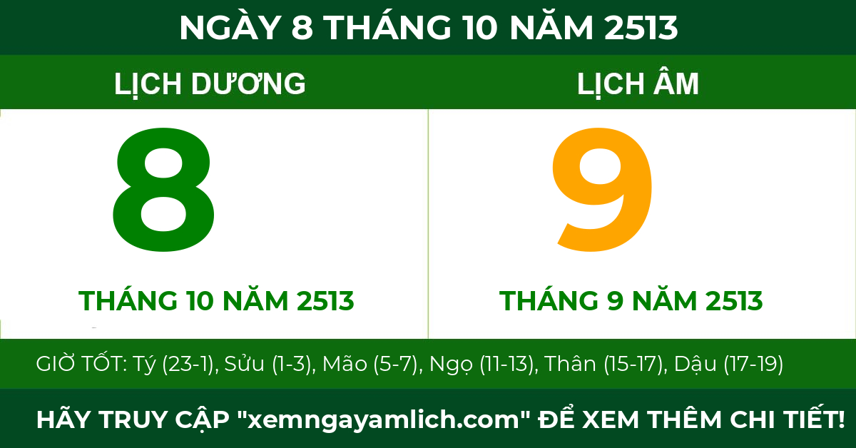 lịch âm ngày 8 tháng 10 năm 2513