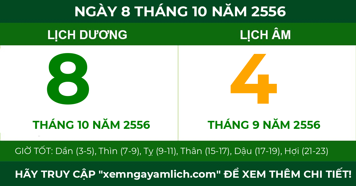 lịch âm ngày 8 tháng 10 năm 2556