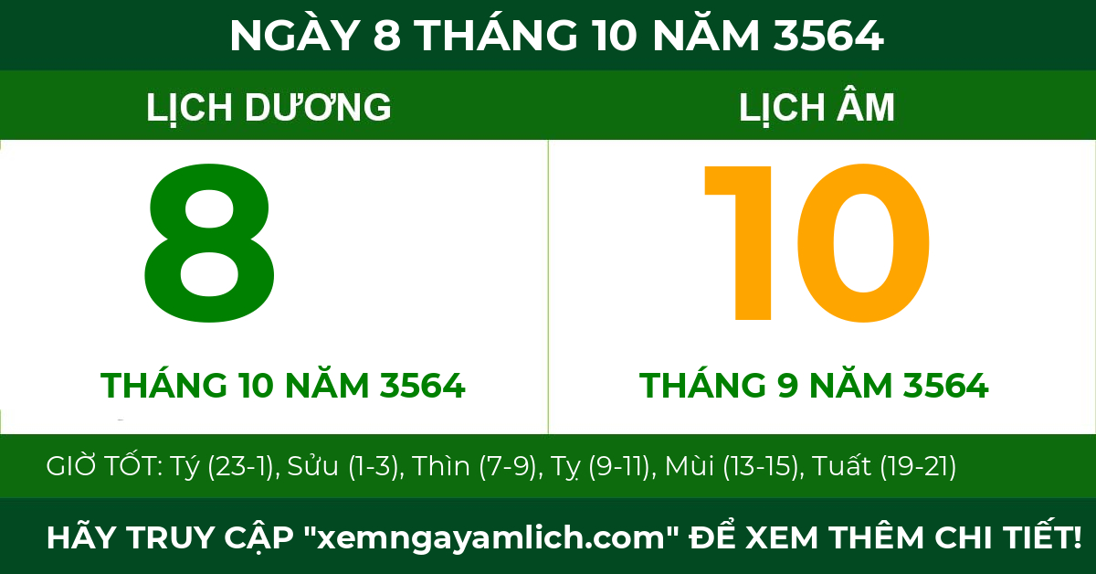 lịch âm ngày 8 tháng 10 năm 3564