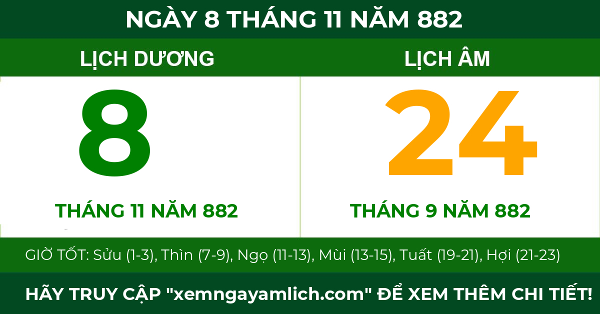 lịch âm ngày 8 tháng 11 năm 882