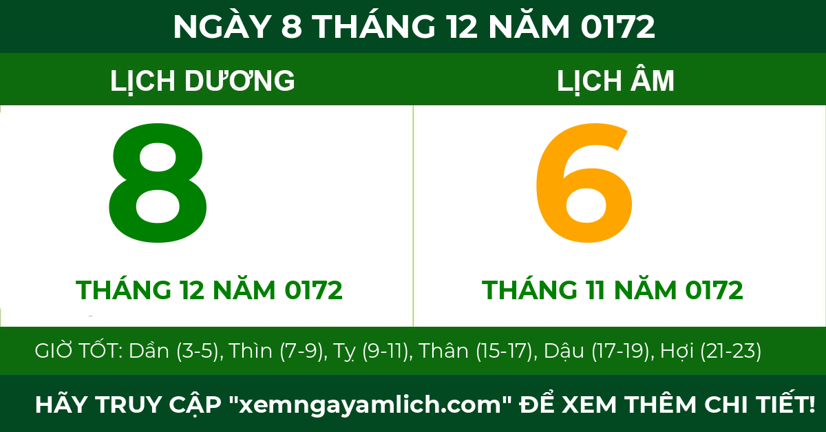 lịch âm ngày 8 tháng 12 năm 0172