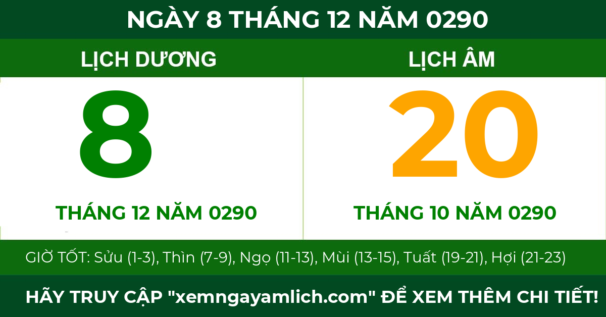 lịch âm ngày 8 tháng 12 năm 0290