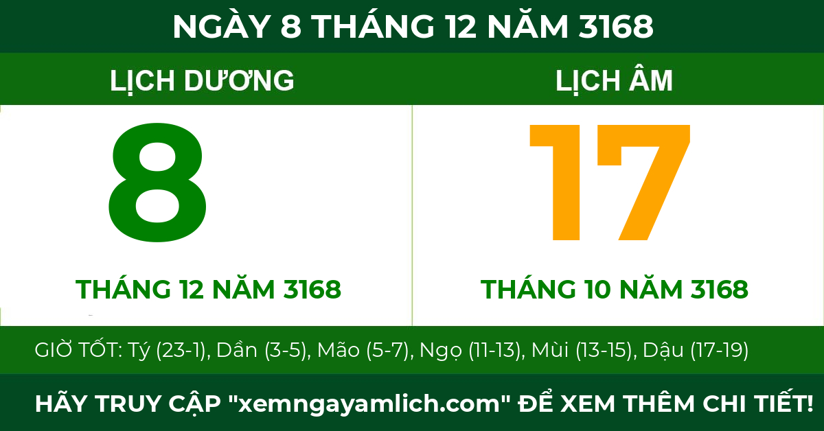 lịch âm ngày 8 tháng 12 năm 3168