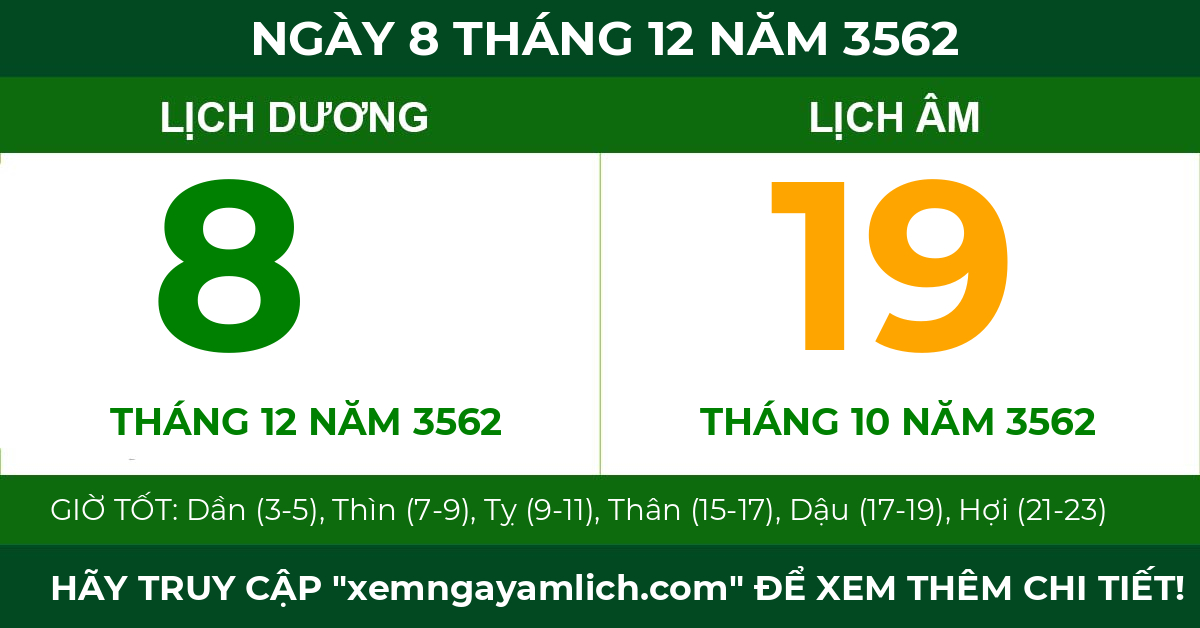lịch âm ngày 8 tháng 12 năm 3562