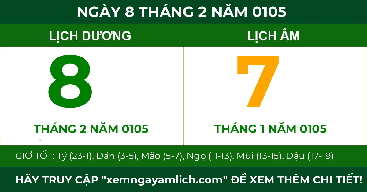 lịch âm ngày 8 tháng 2 năm 0105
