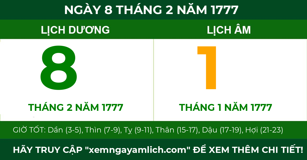 lịch âm ngày 8 tháng 2 năm 1777