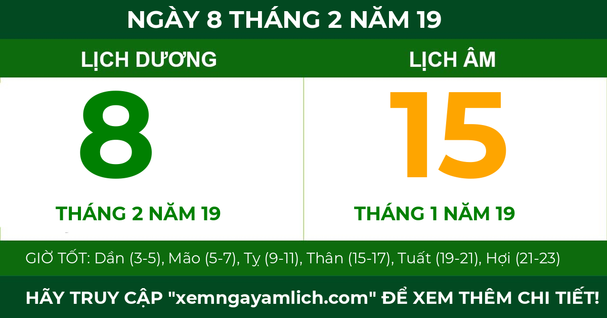 lịch âm ngày 8 tháng 2 năm 19