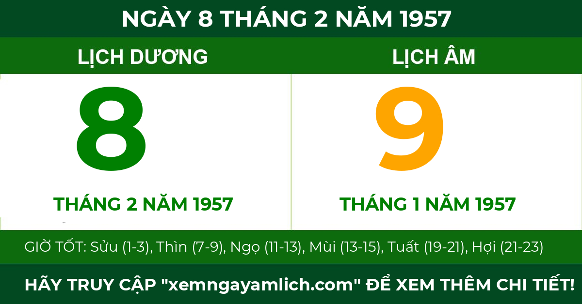 lịch âm ngày 8 tháng 2 năm 1957