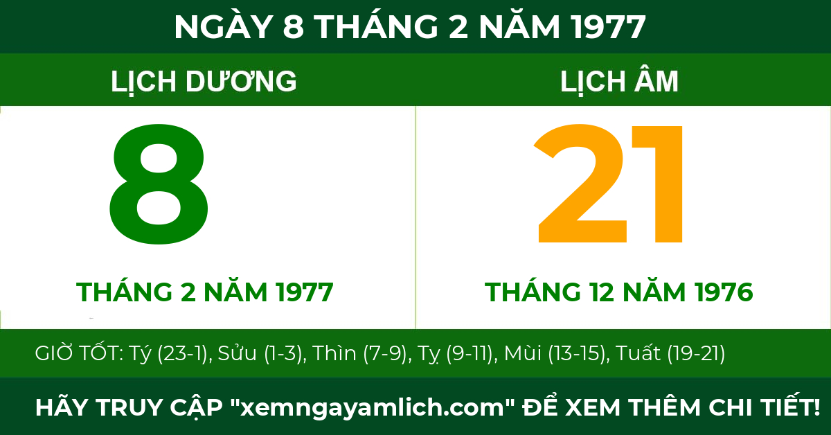 lịch âm ngày 8 tháng 2 năm 1977