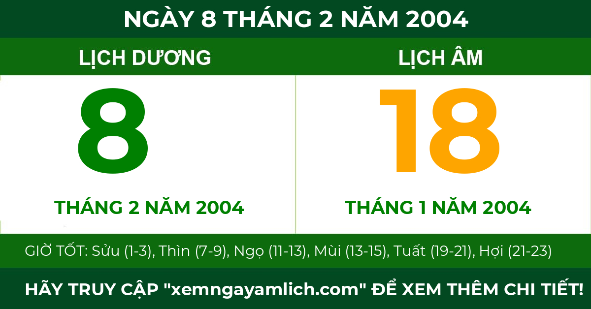 lịch âm ngày 8 tháng 2 năm 2004