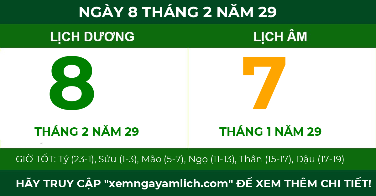 lịch âm ngày 8 tháng 2 năm 29