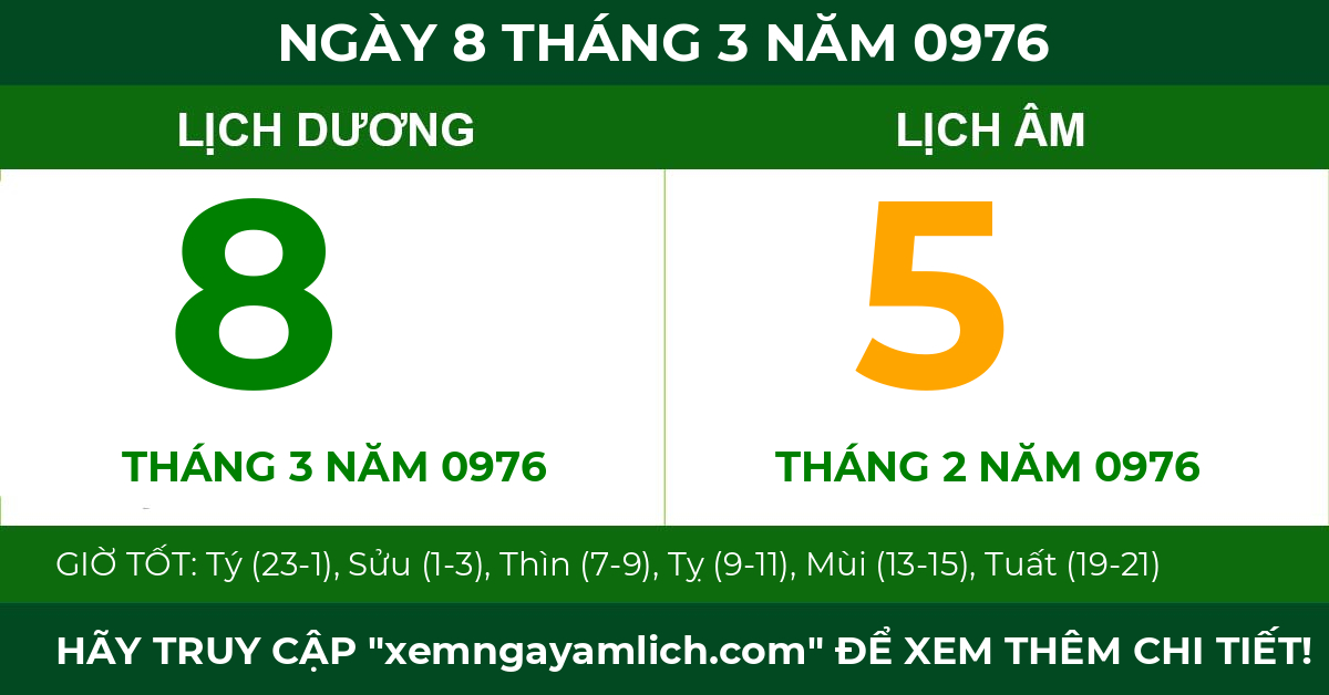 lịch âm ngày 8 tháng 3 năm 0976