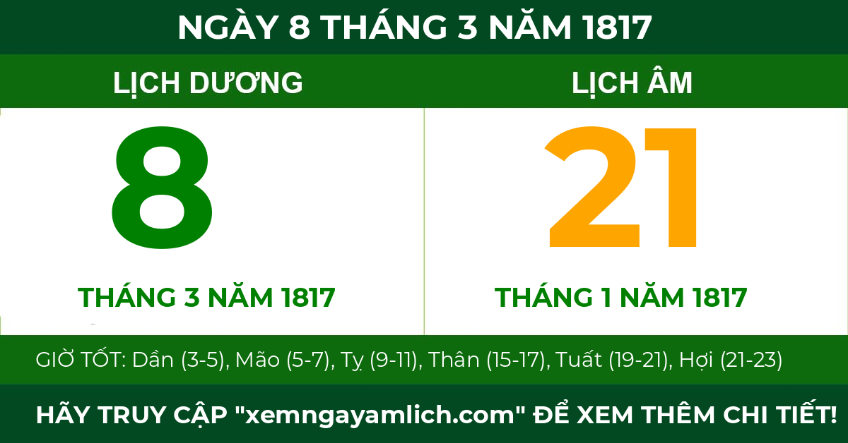 lịch âm ngày 8 tháng 3 năm 1817