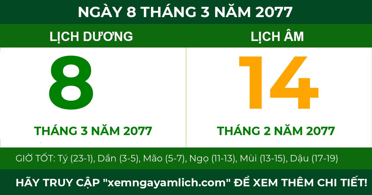 lịch âm ngày 8 tháng 3 năm 2077
