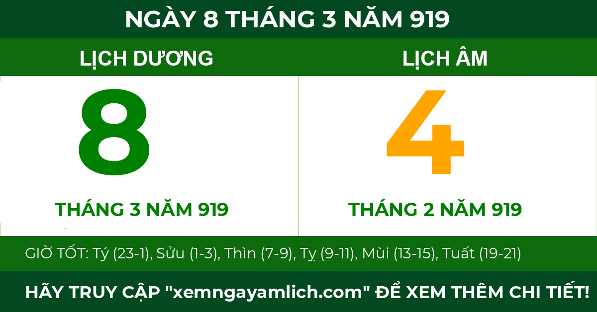 lịch âm ngày 8 tháng 3 năm 919