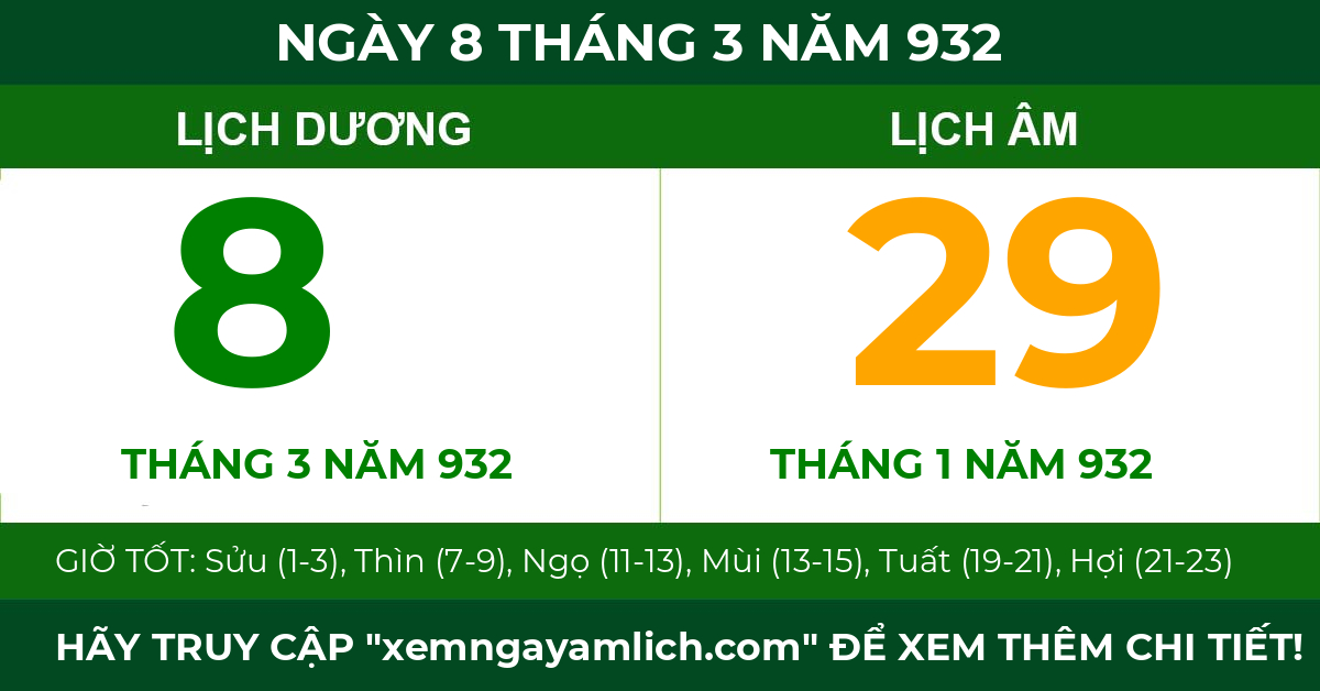 lịch âm ngày 8 tháng 3 năm 932