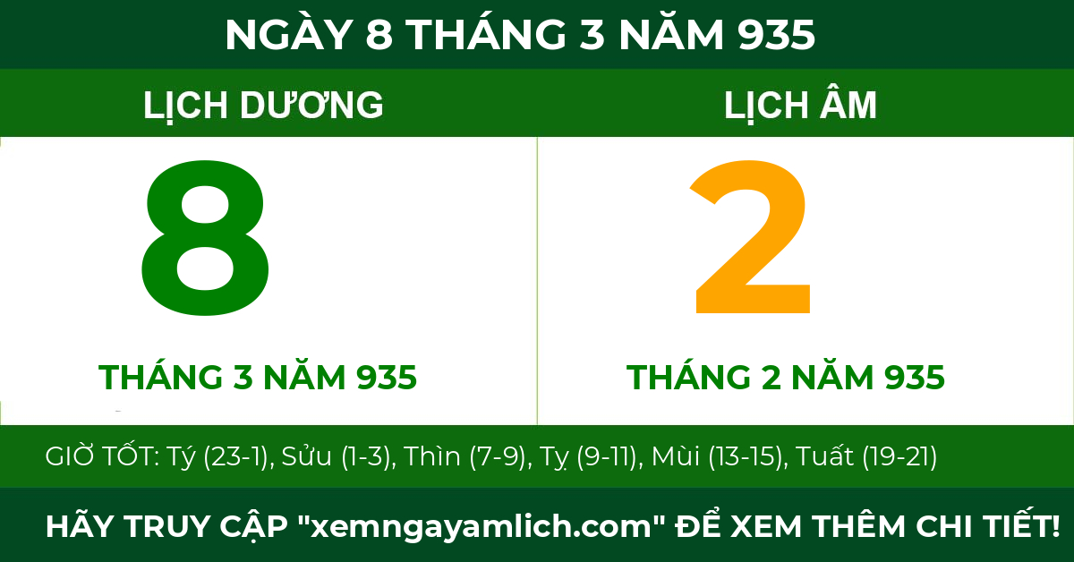 lịch âm ngày 8 tháng 3 năm 935