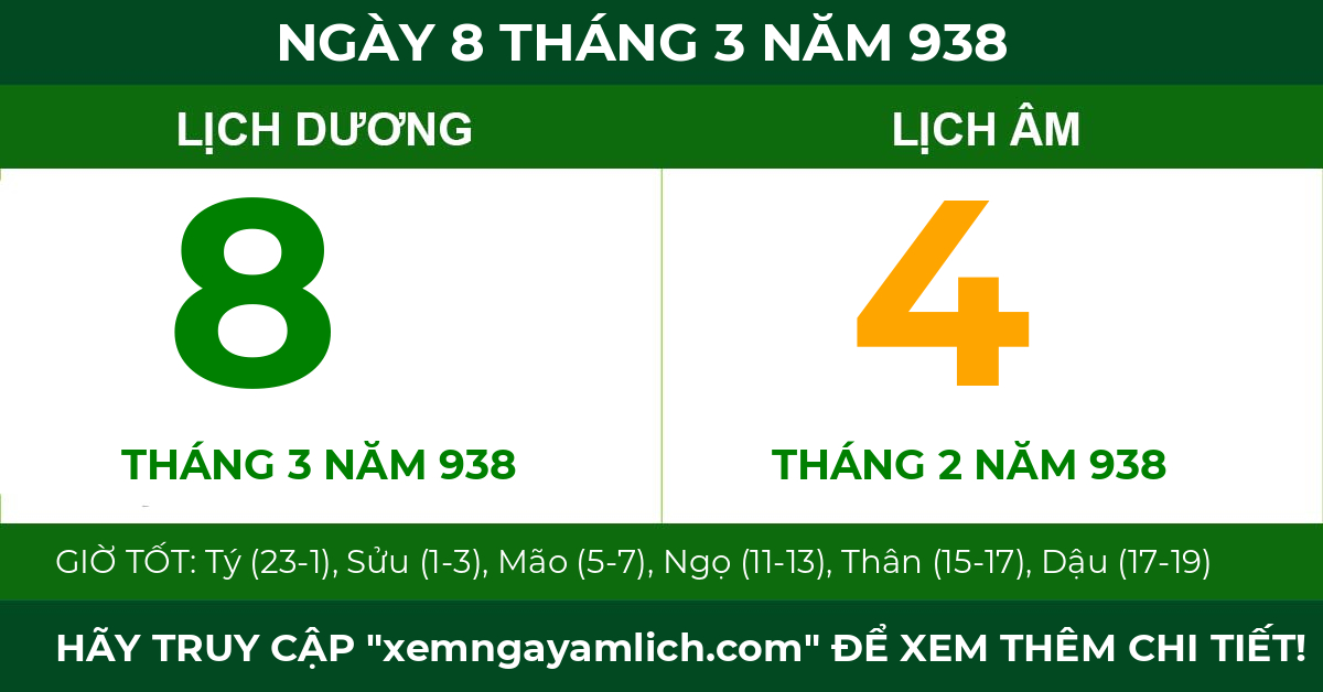lịch âm ngày 8 tháng 3 năm 938