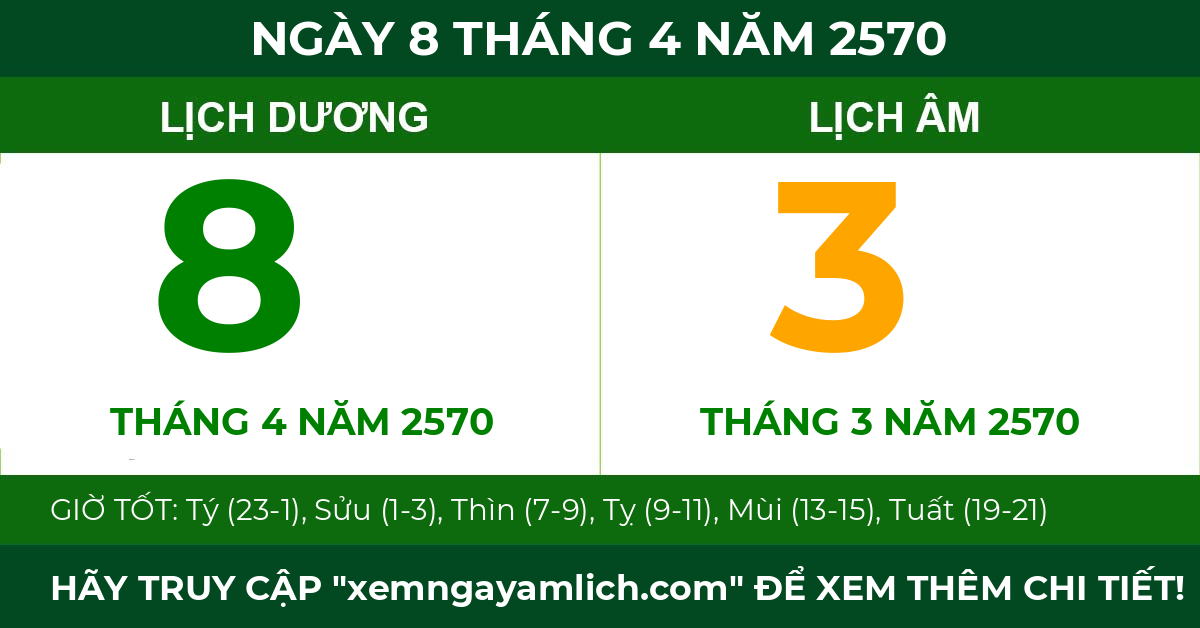 lịch âm ngày 8 tháng 4 năm 2570
