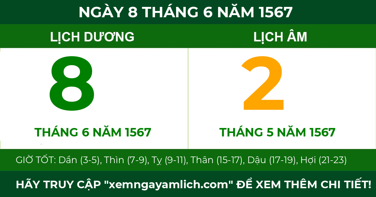 lịch âm ngày 8 tháng 6 năm 1567