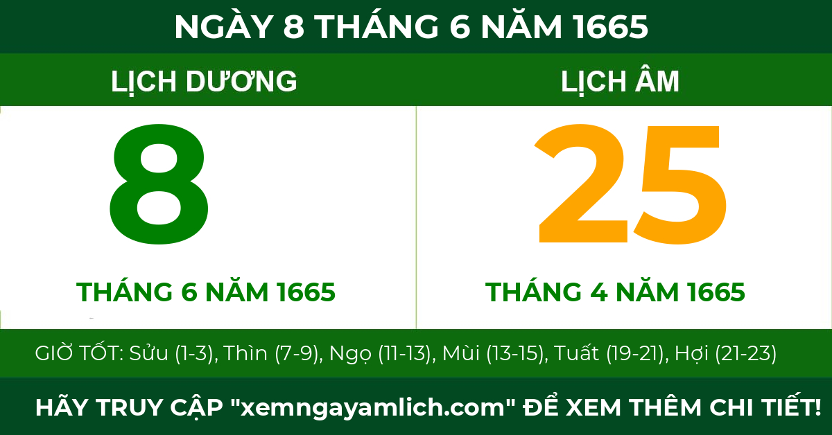 lịch âm ngày 8 tháng 6 năm 1665
