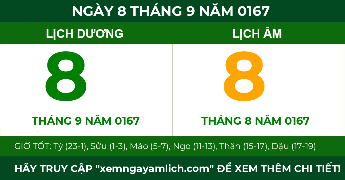 lịch âm ngày 8 tháng 9 năm 0167