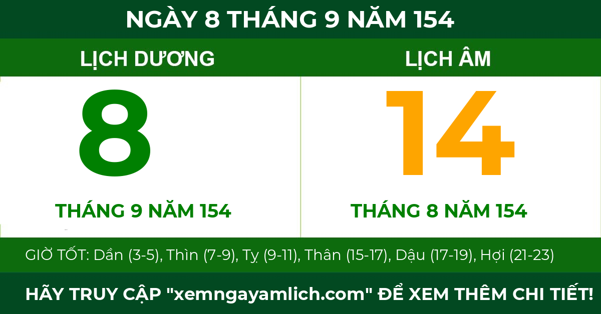 lịch âm ngày 8 tháng 9 năm 154