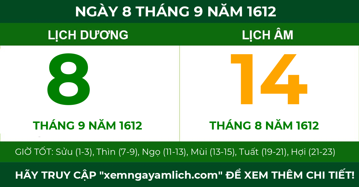 lịch âm ngày 8 tháng 9 năm 1612