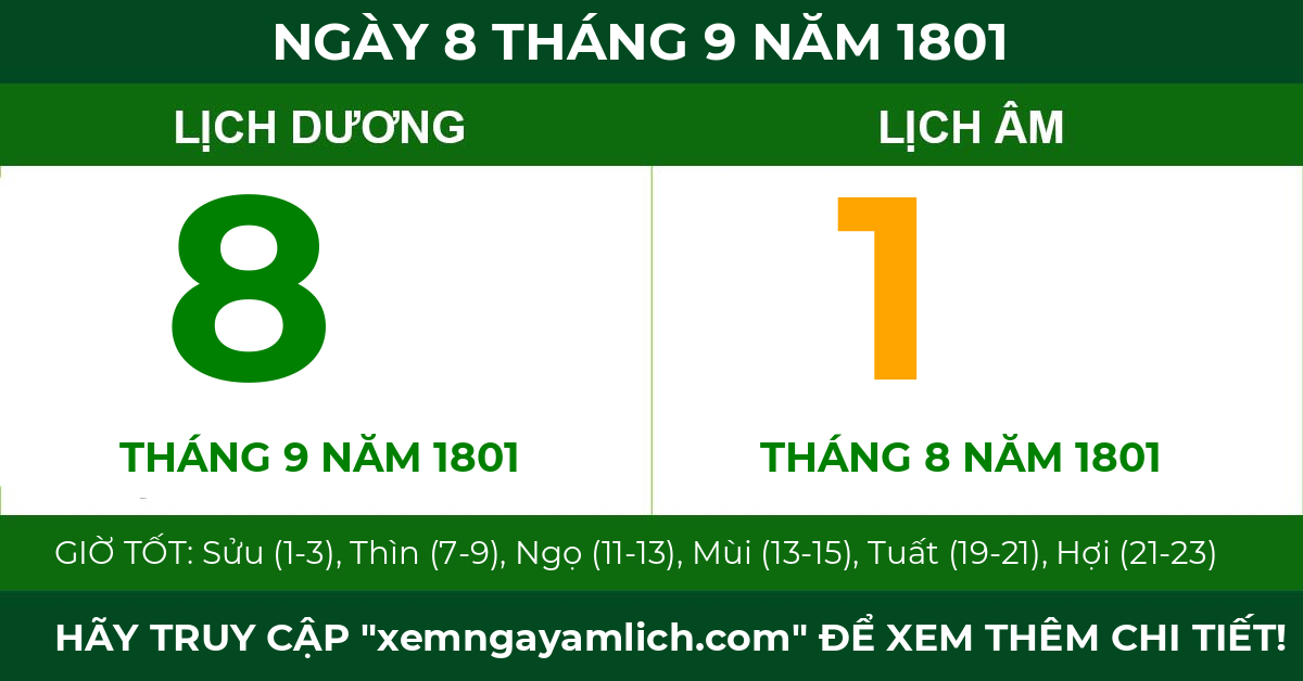lịch âm ngày 8 tháng 9 năm 1801