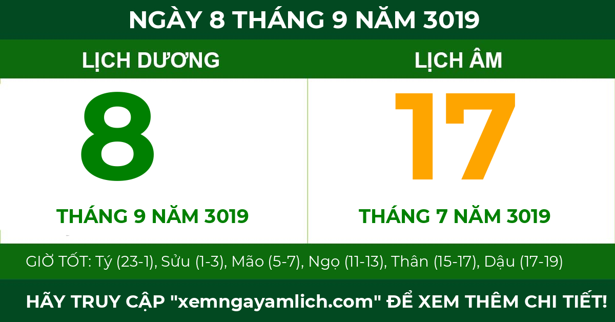 lịch âm ngày 8 tháng 9 năm 3019