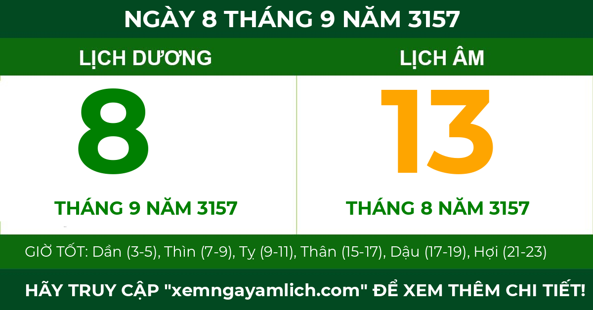 lịch âm ngày 8 tháng 9 năm 3157