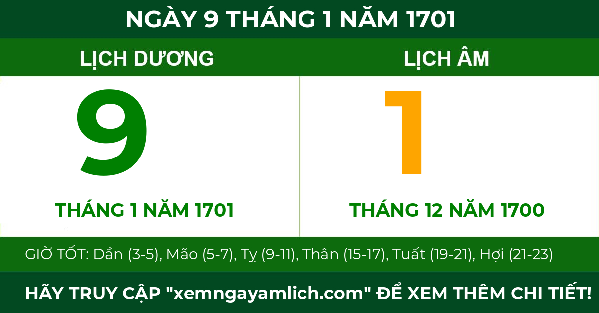 lịch âm ngày 9 tháng 1 năm 1701