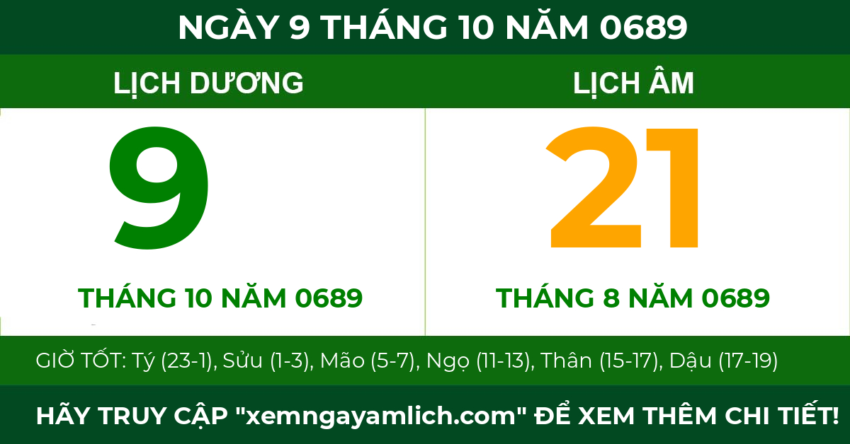 lịch âm ngày 9 tháng 10 năm 0689
