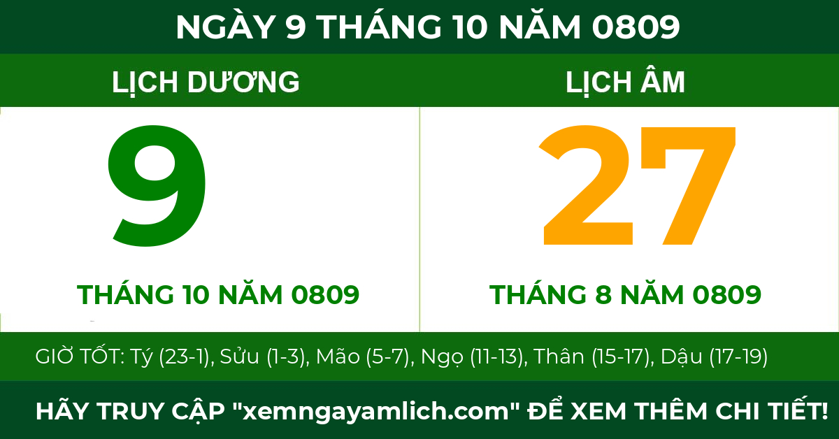 lịch âm ngày 9 tháng 10 năm 0809