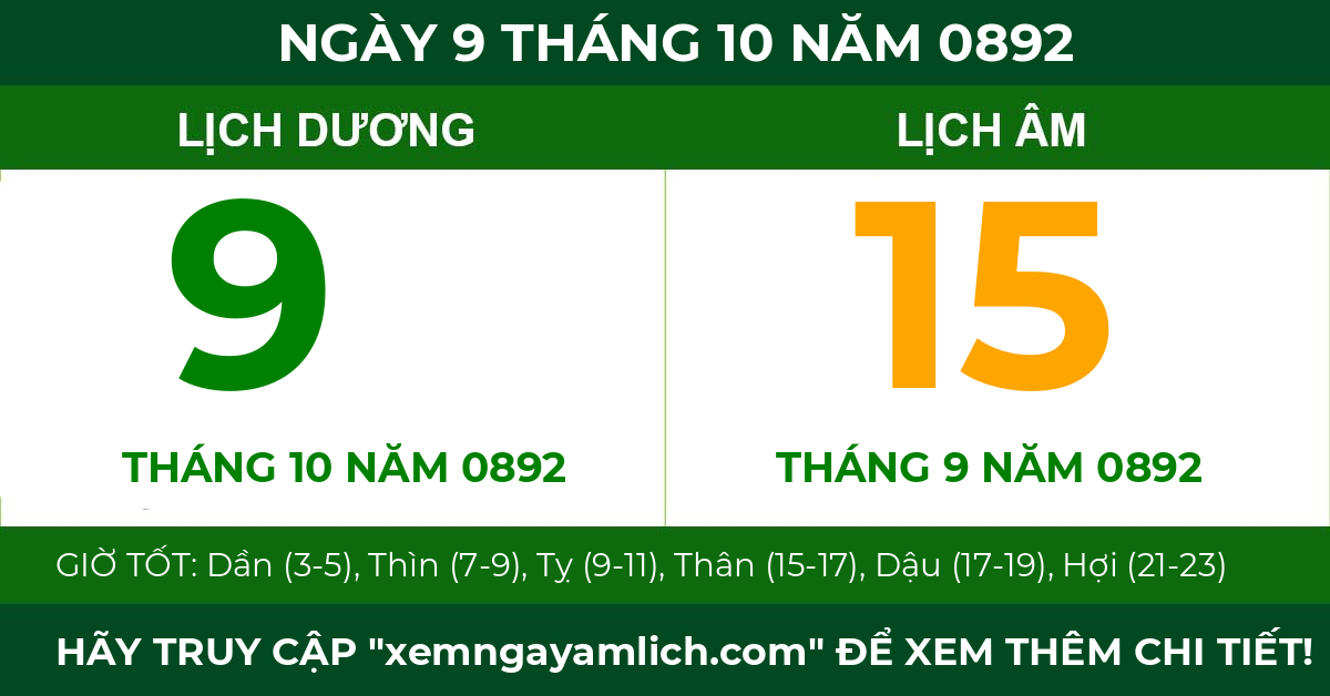lịch âm ngày 9 tháng 10 năm 0892