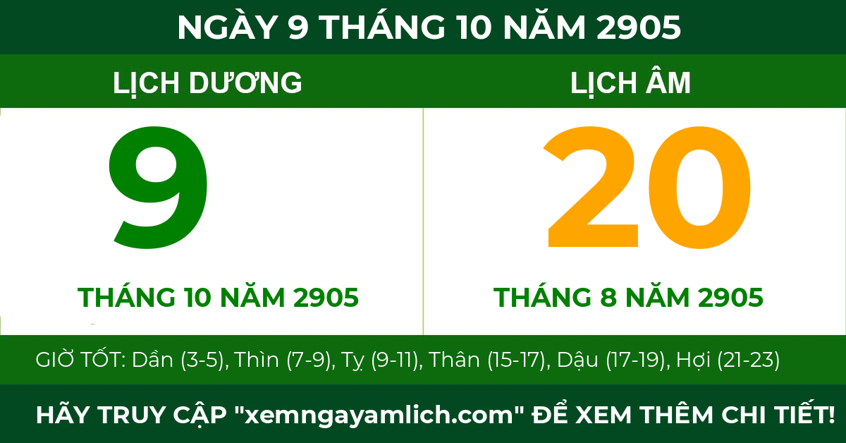 lịch âm ngày 9 tháng 10 năm 2905