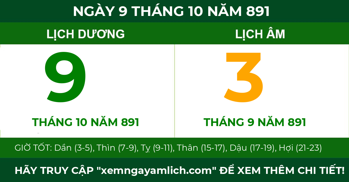 lịch âm ngày 9 tháng 10 năm 891